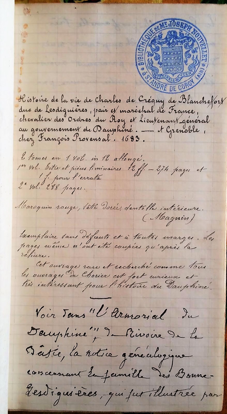 Histoire de la vie de Charles de Crquy de Blanchefort, Duc de Lesdiguires, Nicolas Chorier : notes de Joseph Nouvellet